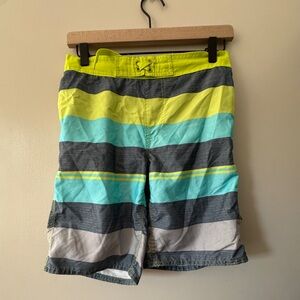 Arizona Jean co boys medium 10/12 swimming trunk/ green blue grey stripe EUC